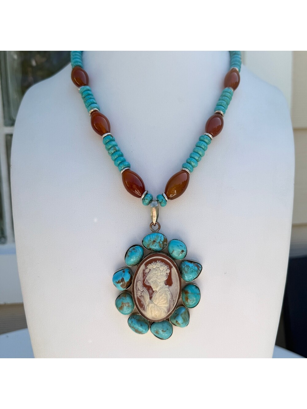 Cameo. Turquoise Handmade Necklace with Carnelian Agate. Silver Tone.